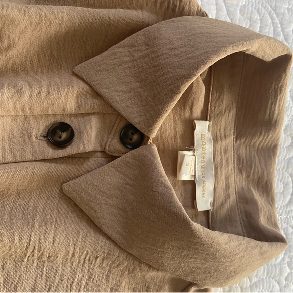 Monteau Crinkle Shirt Dress Tan Knee Length Roll Tab 3/4 Sleeves Size Small - Picture 6 of 14